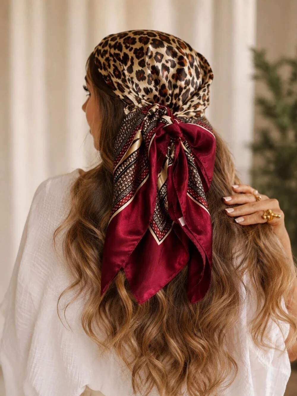 Leopard Satin Head Scarf with Deep Red Border